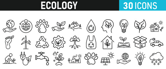 Ecology and Environment icons set. Ecology and Energy liner icons collection. Leaf, Eco friendly. Electric car, global warming, plant, weather. Vector illustration