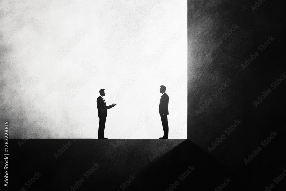Poster two professionals engage in a negotiation within a minimalist black and white environment at sunset.