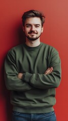 Obraz premium Smiling Caucasian man in green sweatshirt against a vibrant red background.