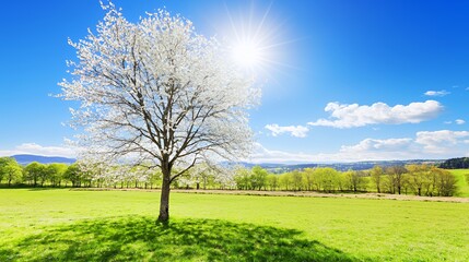Obraz premium Bright Sunny Day in a Green Field with a Blooming White Blossom Tree
