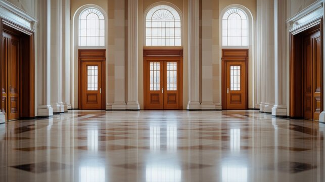 A legislative hall with tall marble columns and wooden accents. Featuring tradition and formality