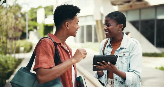 Outdoor, people and high five on tablet as university student with good news on exam or text result. Friends, campus and happiness or smile as college learner for email with assignment grades