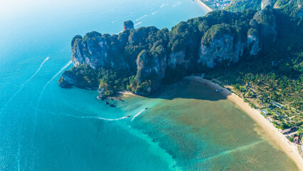 Majestic aerial view of Railay Beach in Krabi Thailand highlighting turquoise waters and cliffs