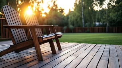 Two wooden chairs sitting on a wooden deck in a backyard