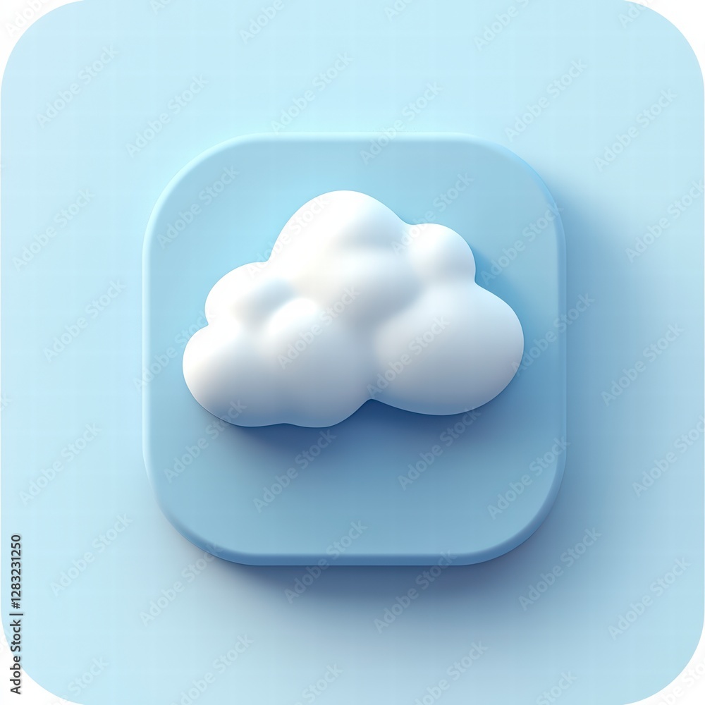 Poster cloud icon: a stylized 3d icon of a fluffy cloud resting atop a soft blue square, creating a soothin
