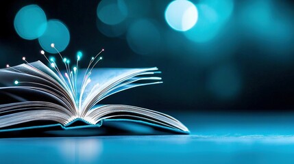   An open book rests atop a table against a light blue backdrop and a hazy boke of lights