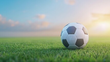Fototapeta premium Fresh Soccer Ball on Lush Green Grass Under Clear Sky at Sunrise for Sports and Leisure Activities