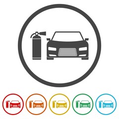  Car fire extinguisher icon. Set icons in color circle buttons