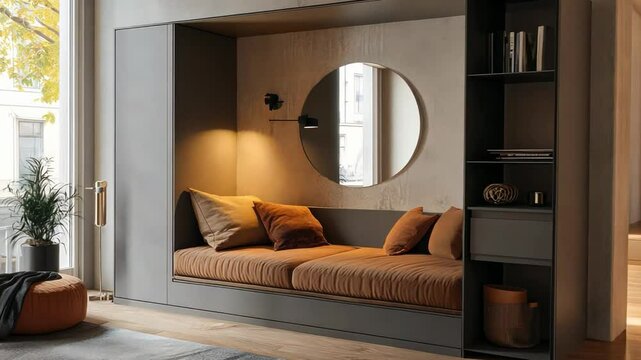Small apartment interiors featuring modular furniture, large mirrors, and clever storage solutions.