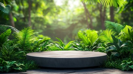 Empty Display Podium in Lush Green Jungle Setting