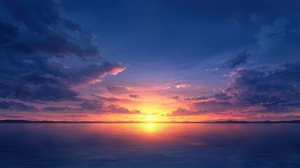 A tranquil sunset over calm waters, with vibrant colors blending in the sky and reflecting on the surface, evoking a sense of peace and serenity.
