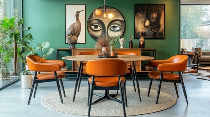 Modern Dining Room with Orange Leather Chairs