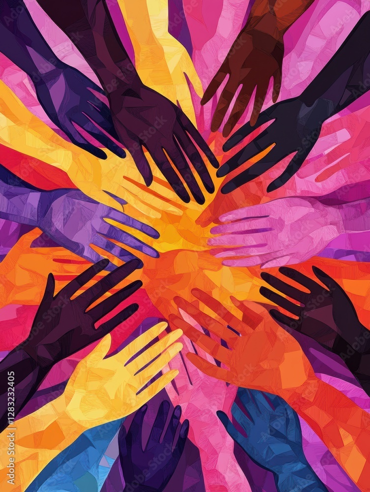 Aufkleber Interconnected hands representing unity with diverse skin tones in a vibrant, supportive arrangement. Generative AI