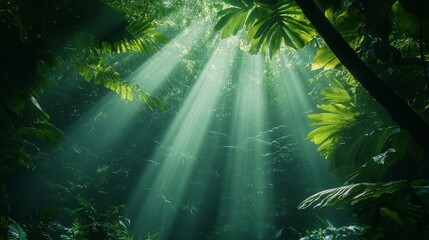 sunlight filtering through the dense foliage of a tropical rainforest, creating a mesmerizing display of light and shadow. This image captures the raw beauty and tranquility of the natural world