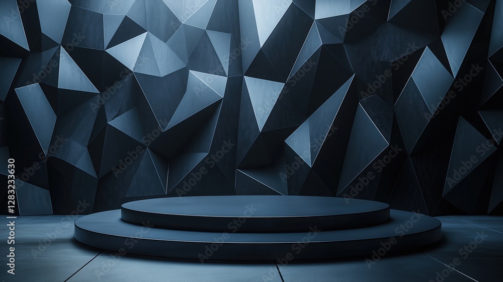 Aufkleber circular platform in the center of a dark room with a geometric pattern on the wall behind it.