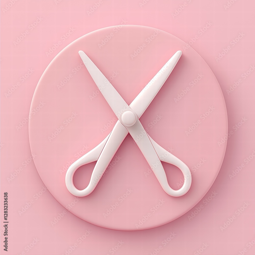 Poster scissors icon on pink background: a minimalist illustration featuring a pair of pristine, scissors i