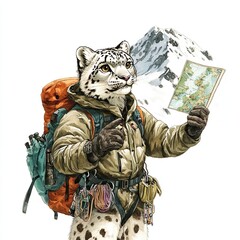 Fototapeta premium Snow leopard adventurer checks map while exploring a snowy mountain landscape with a backpack