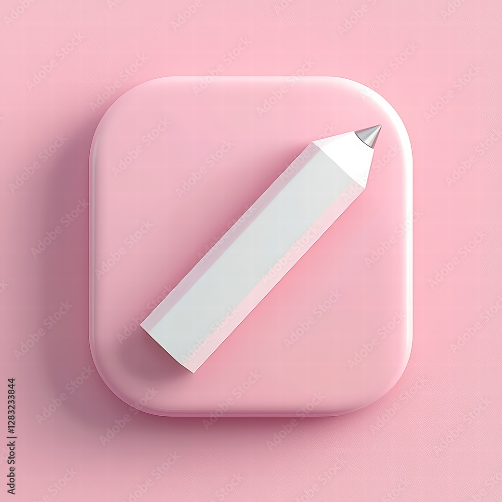 Poster artistic touch: a single pencil, pristine and white, rests atop a soft pink square, its point gleami