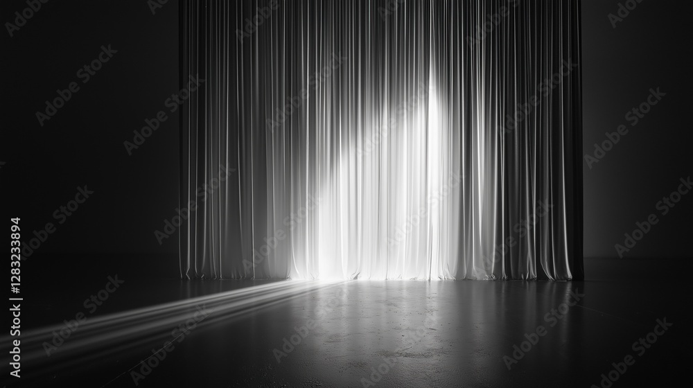 Poster black and white photograph of a curtain in a dark room. the curtain is made up of vertical lines tha