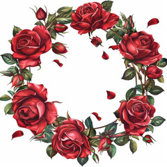 Fototapeta premium Beautiful red roses arranged in circular wreath with petals scattered