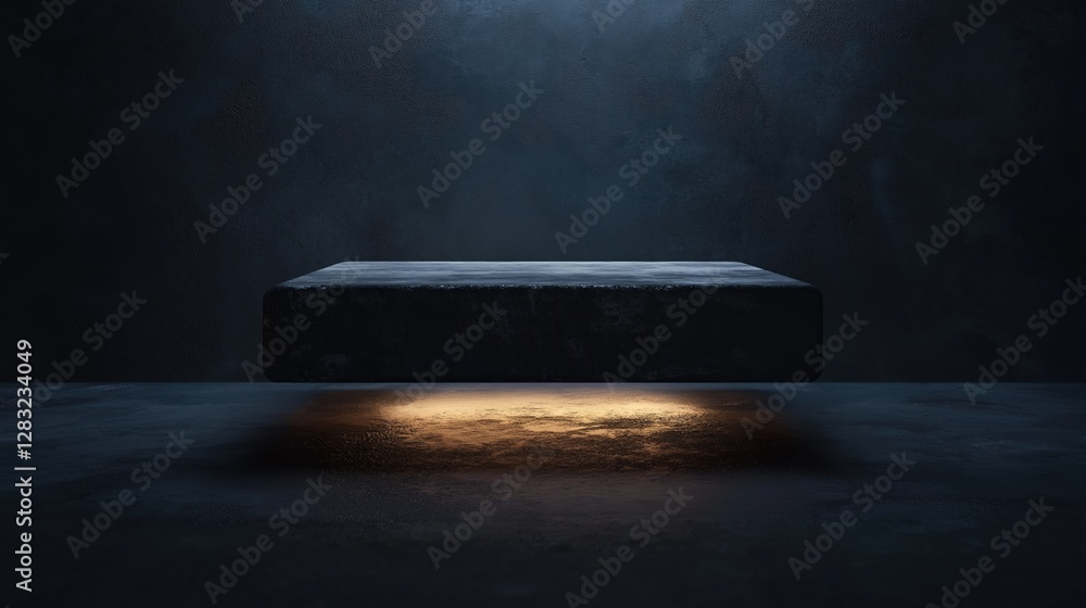 Poster dark room with a concrete floor and a rectangular table in the center. the table is made of a dark m