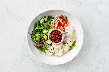 meat delicacy. Turkey roll. Diet food. Top view.