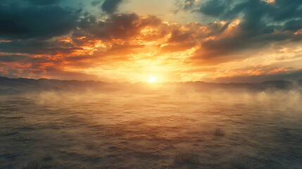 Fototapeta premium A Dramatic Sunset Over a Mist Covered Desert Landscape