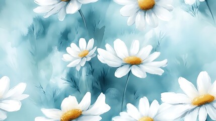 Gentle daisy watercolor composition, seamless pastel floral pattern, white and yellow daisies softly arranged over a light sky-blue background, breezy organic flow, delicate hand-painted brushstrokes,