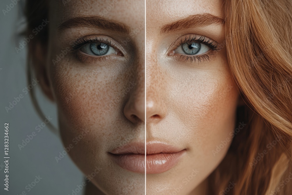 Poster Contrast of aging and youth shown through a womans face with visible wrinkles on one side and flawless skin on the other. Generative AI
