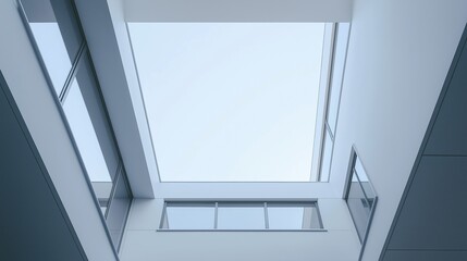 Obraz premium Interior view of a modern building with a skylight above it. the skylights are made of glass and are arranged in a way that creates a bright and airy atmosphere.
