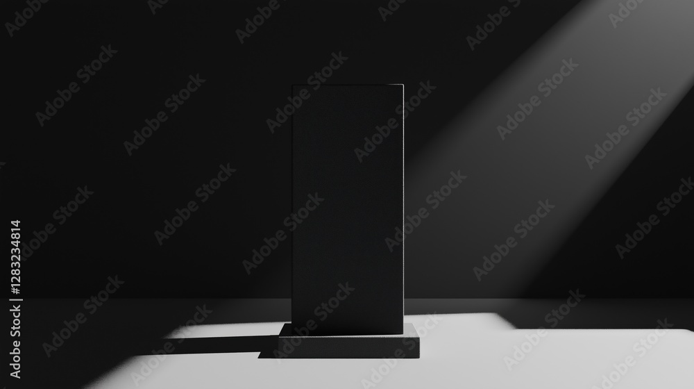 Poster black and white photograph of a tall, rectangular object standing on a white surface. the object app