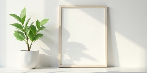 Simple Minimalist Home Decor  Blank Frame and Potted Plant in Soft Sunlight