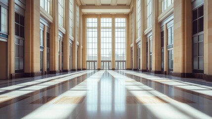 A legislative hall with towering ceilings and large windows. Featuring authority and openness