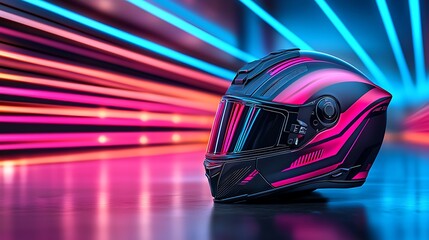 Fototapeta premium Futuristic Motorcycle Helmet with Neon Lights and Dynamic Background in Vibrant Colors