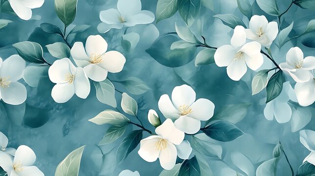 Hand-painted watercolor jasmine flowers in a seamless repeat pattern, soft white petals, pale green and blue foliage, delicate botanical aesthetics, airy composition, light pastel gradient,