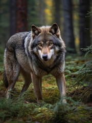 a wild wolf in a cold forest