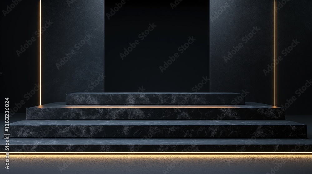 Poster set of stairs in a dark room with a black background. the stairs are made of marble-like material an