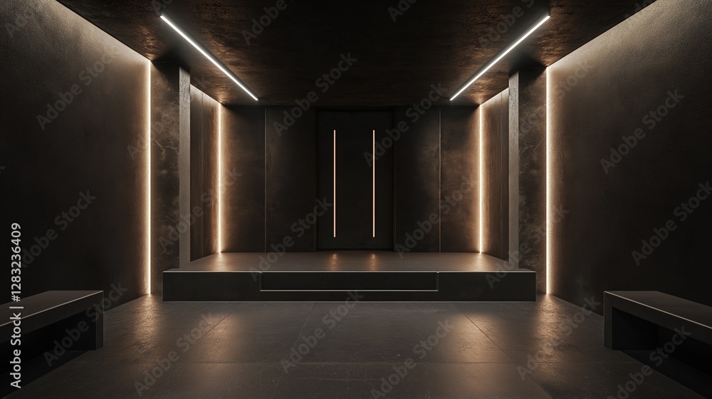 Poster empty room with a dark and minimalist design. the room has a high ceiling with recessed lighting tha