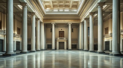 A legislative hall with towering pillars and marble surfaces. Featuring grandeur and formality