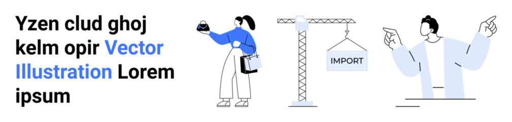 Businesswoman holding a clipboard with a manager pointing while a crane lifts an IMPORT container. Ideal for business, trade, logistics, teamwork, project management, global commerce, operations