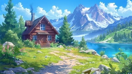 Fototapeta premium Serene Mountain Cabin by a Crystal Lake
