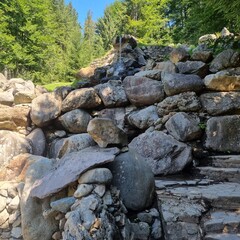 Rocky cascade with water flowing amongst large stones, surrounded by lush green trees. Natural outdoor scene. Ideal for nature, landscape, or water themes. Romania