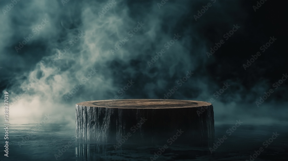 Aufkleber dark and moody scene with a large tree stump in the center. the tree stump is in the middle of a bod