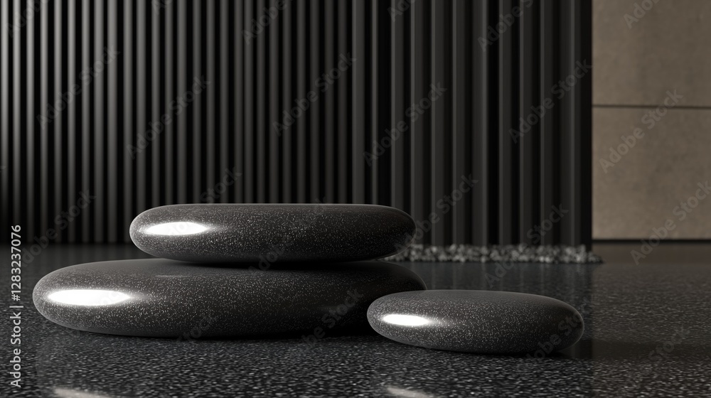 Aufkleber three black pebbles stacked on top of each other on a black surface. the stones are of different siz