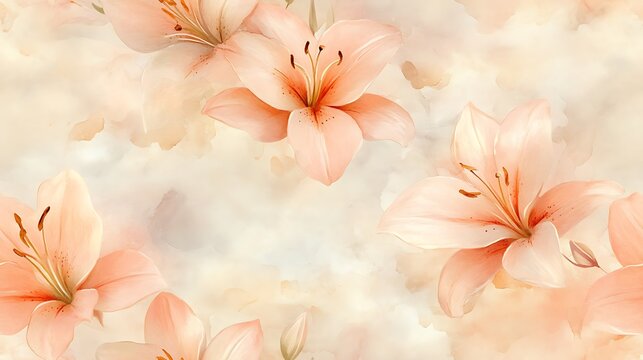 Romantic lily bloom pattern, seamless watercolor floral design, pastel pink and peach hues, delicate ivory petals, soft golden highlights, ethereal botanical elegance, dreamy hand-painted textures,