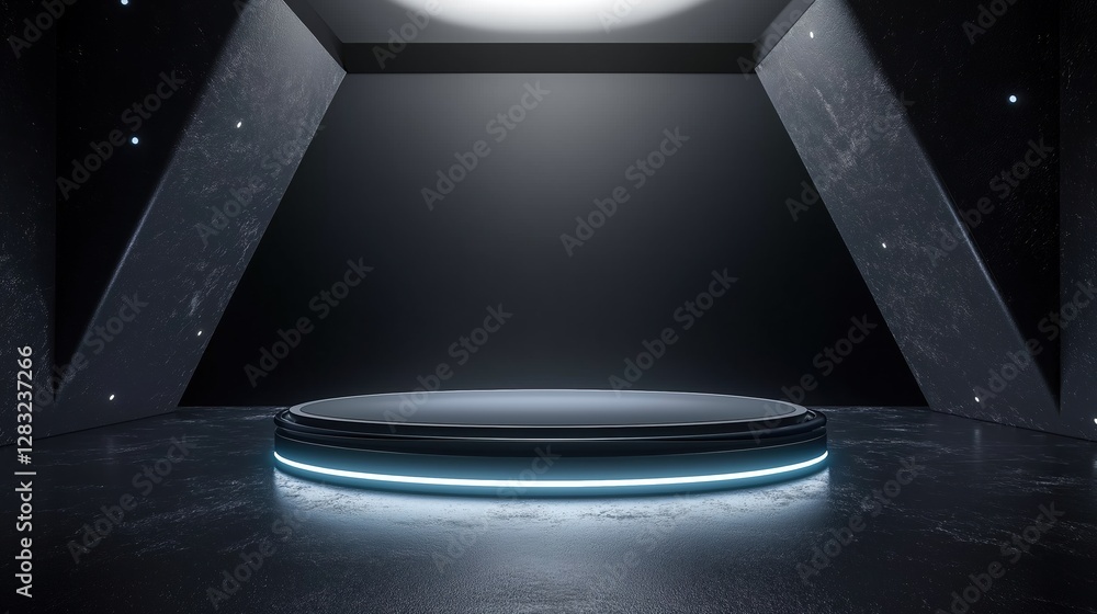 Poster empty stage with a circular platform in the center. the platform is lit up with a blue light, creati