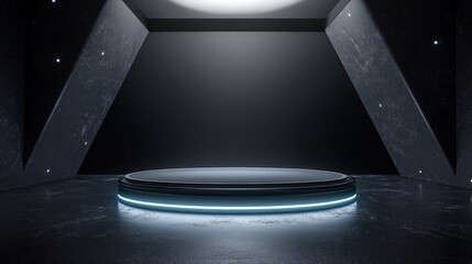 Empty stage with a circular platform in the center. the platform is lit up with a blue light, creating a contrast between the dark walls and the bright light.