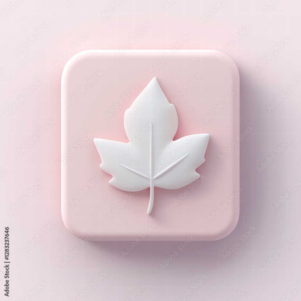 Poster abstract leaf icon: a minimalist 3d render of a delicate white leaf set against a soft pink square, 