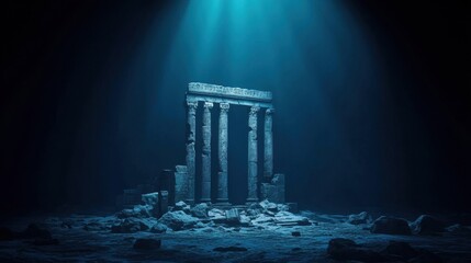 Naklejka premium An ancient underwater temple ruins illuminated by a beam of light, surrounded by debris, creating a mysterious and serene atmosphere.