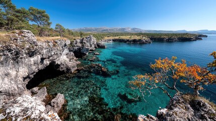 Rocky coastline overlooking turquoise bay, sunny day.  Possible use nature, travel